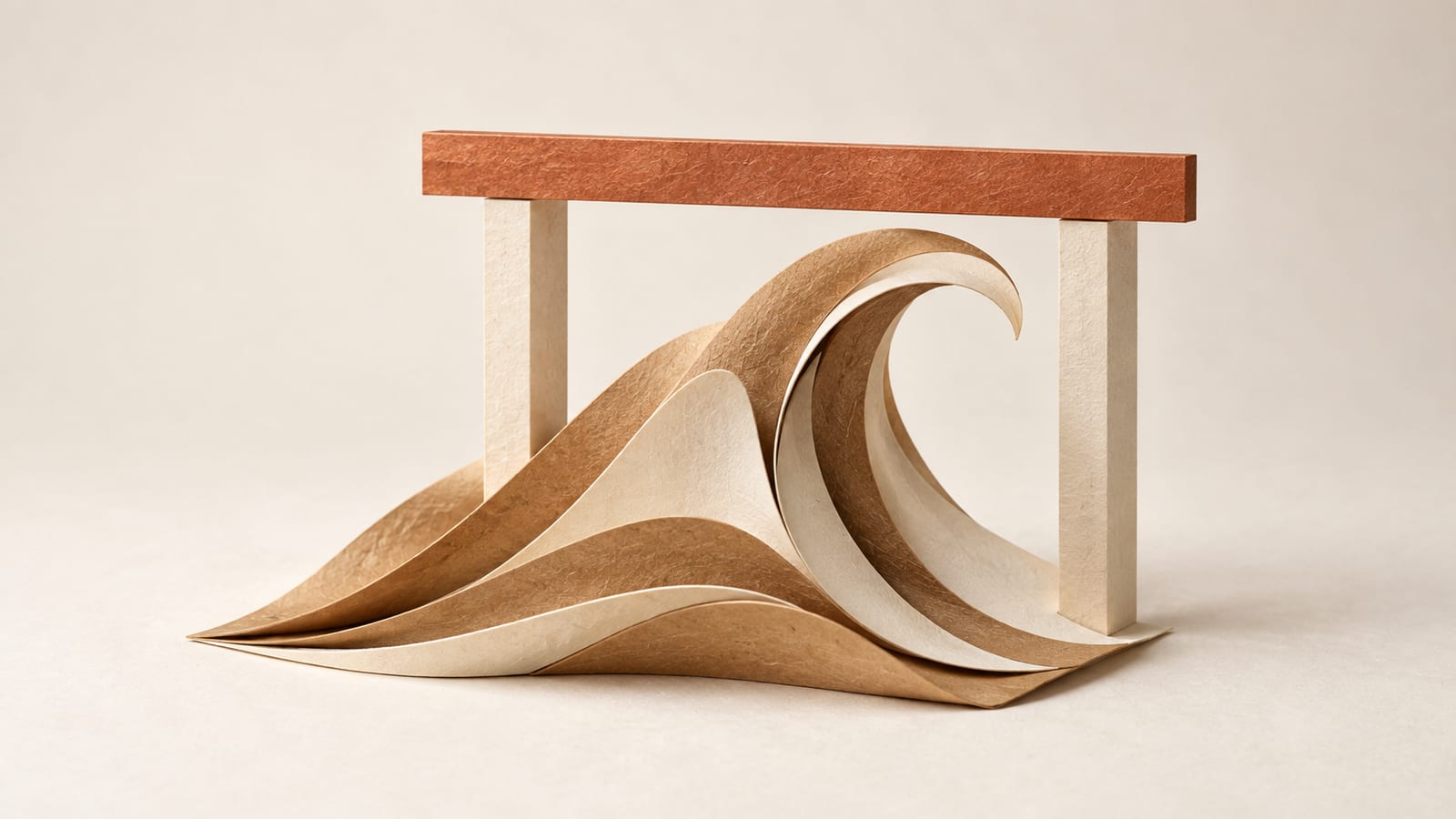 Cut-paper construction: a layered kraft wave curling upward and stopping just short of a straight copper paper bar held on two cream posts.