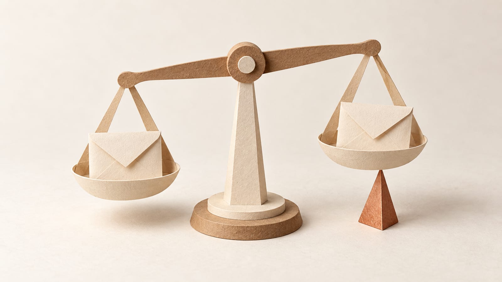Cut-paper balance scale with a blank cream envelope on each pan, one pan slightly higher, a copper paper wedge standing beneath it.