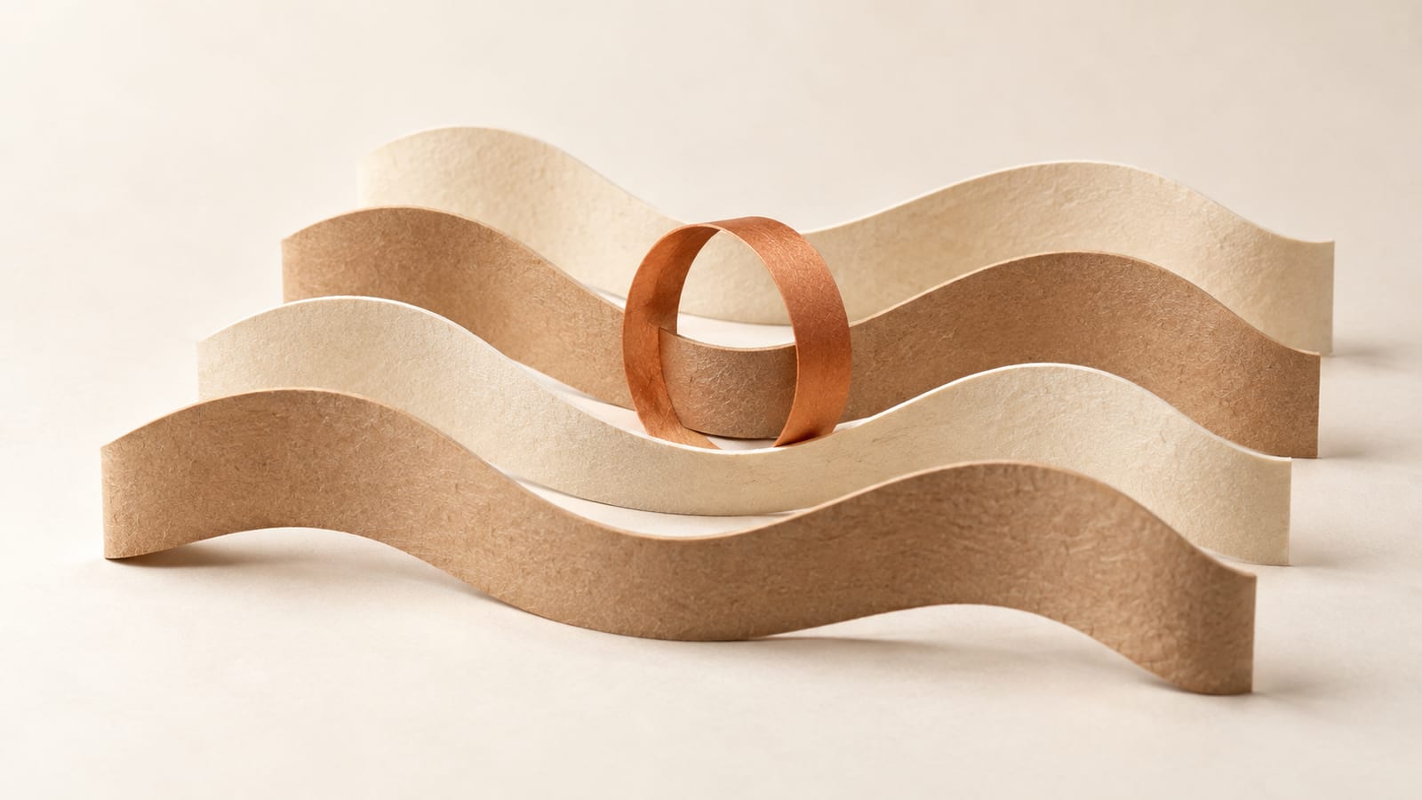 Four kraft and cream paper ribbons standing on edge as waves in rows; a copper paper ring stands around the dip in the third.