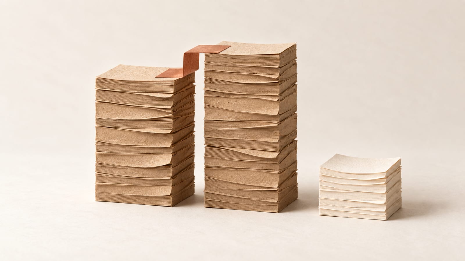 Two stacked kraft paper towers, one a little taller, joined at the top by a copper paper bracket; a smaller cream stack set apart beside them.